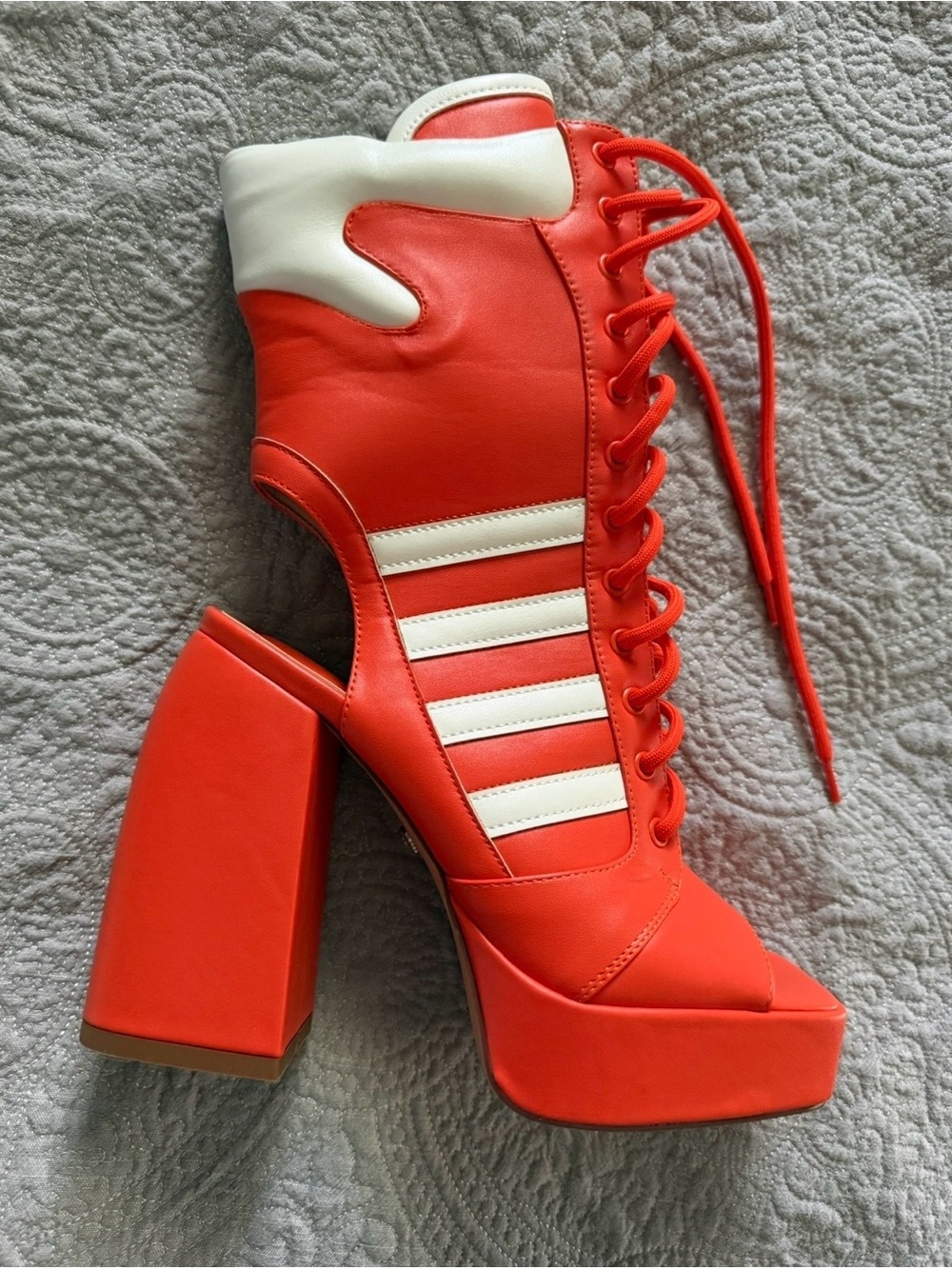 AZALEA WANG Orange Lace-Up Platform Block Heel with White Stripes